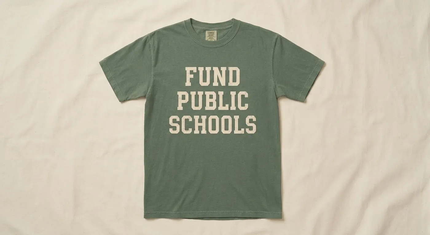 Sage green t-shirt reading Fund Public Schools in cream varsity letters