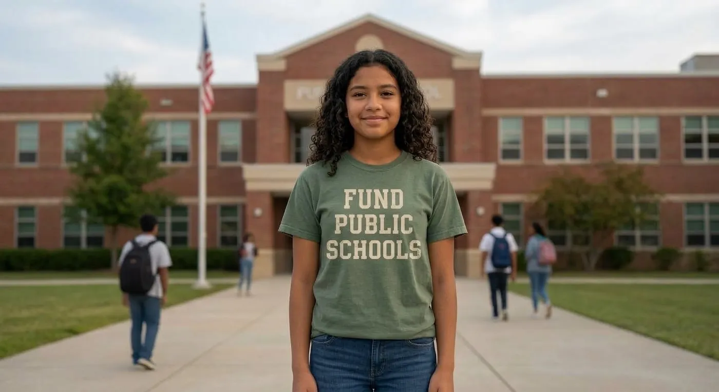A student wearing a green Fund Public Schools t-shirt stands in front of her brick school building.
